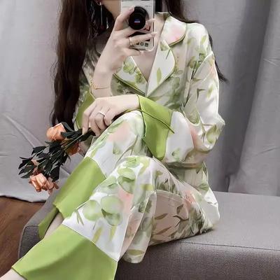 Silk Pajamas Women's Long Sleeve Cardigan Long Pants Pajamas Set Printed Kawaii Clothes Home Clothes