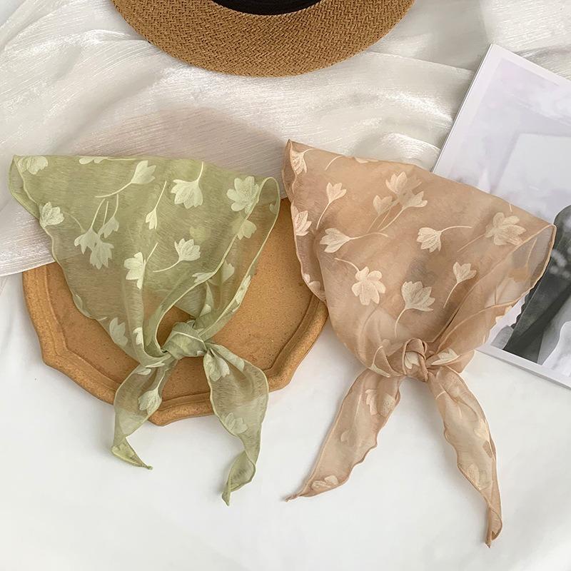 Triangle Scarf Small Fresh Headscarf Retro Silk Scarf Literary Flower Scarf Thin Gauze Scarf Headscarf Headband Tied Hair