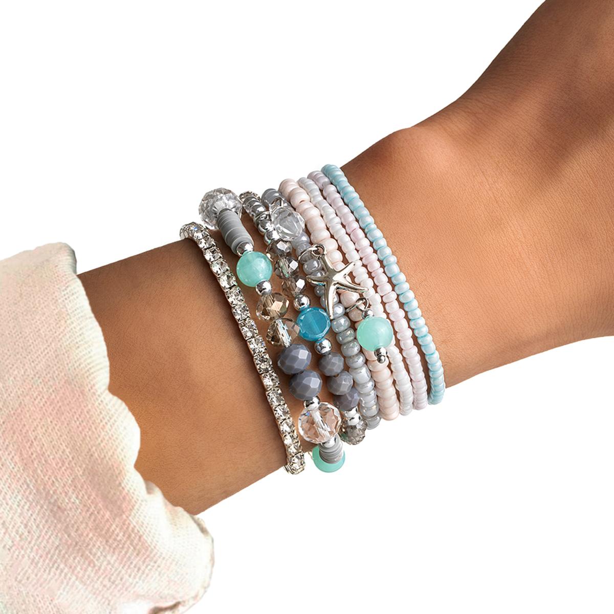 

8 pieces of beach style mixed color rice bead starfish pendant bracelet, multi-layer layered artificial crystal zircon bracelet