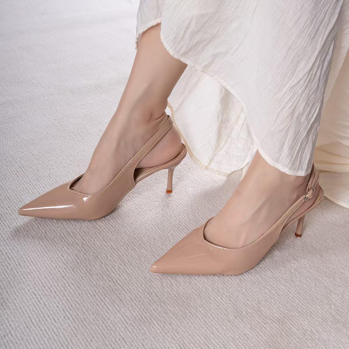 

Internet celebrities popular red sole empty pointed high heels sexy versatile thin heel shallow mouth single shoes back strap bag head sandals 42 тілесний