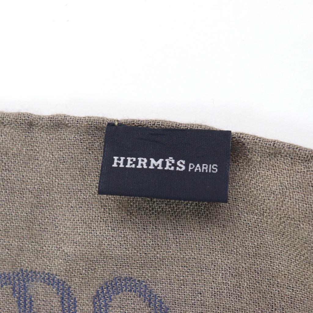 Great HERMES Scarf Bicolor Scarf Blue Light Brown Cashmere Mens Used