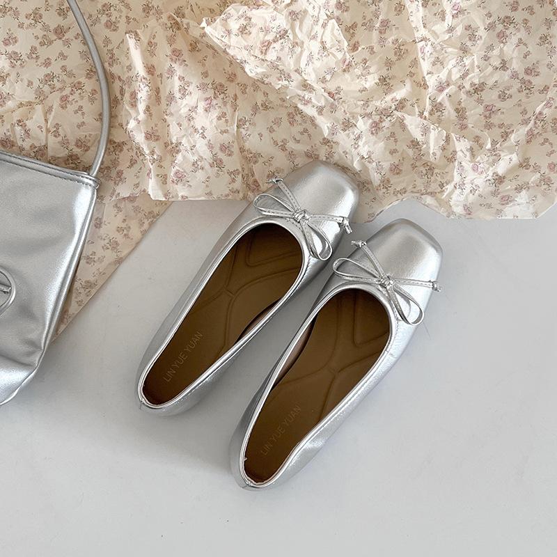 Women's square head bow single shoes 2025 spring and summer new French flat silver laden shoes light mouth bow women's shoes