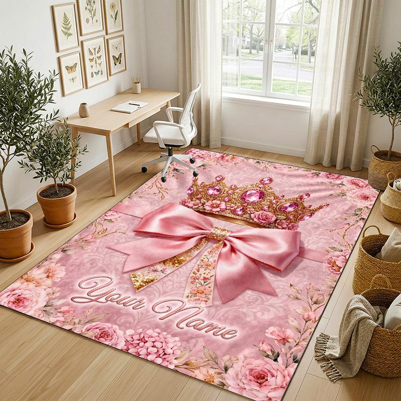 Floral Garden Theme Crystal Velvet Rug Personalized Custom Name Text Soft Floor Mat Home Decor