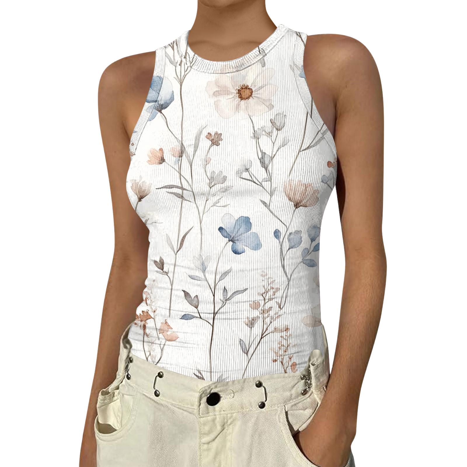 

Womens Spring Tops Sleeveless Striped Floral Tank Summer Shirts for Women Casual Crewneck Womens Summer Shirts Soft Fabric XL білий