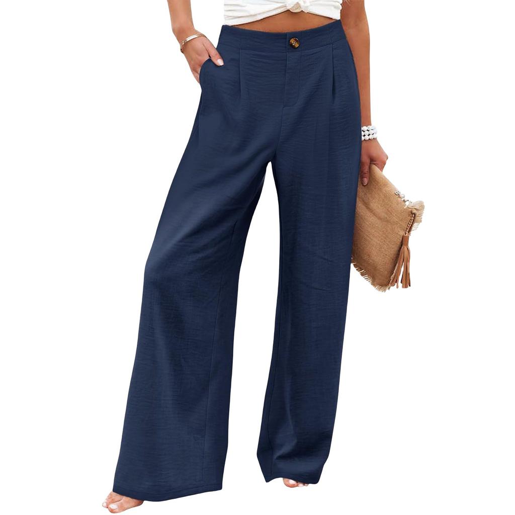 Retro Comfortable Summer Pocket Wide Leg Pants Women Elastic High Waist Casual Pants Loose Straight Solid Women's Trousers