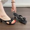 2025 New French Bow High-heeled Slippers with Thin Heels Versatile Square Head Fairy Wind Open-toed Cool Slippers