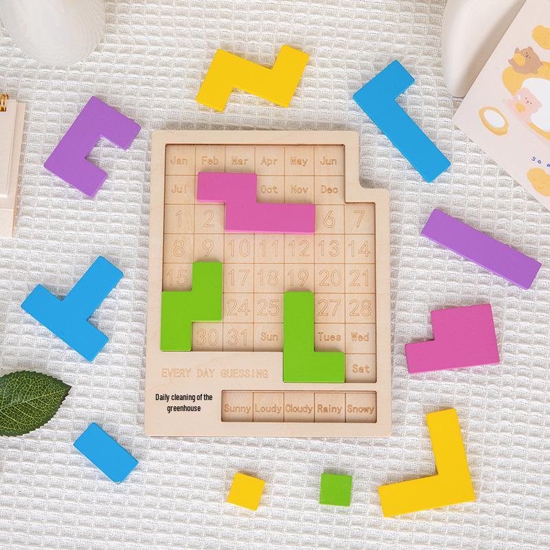 Children's Wooden Educational Tetris Calendar Puzzle Game