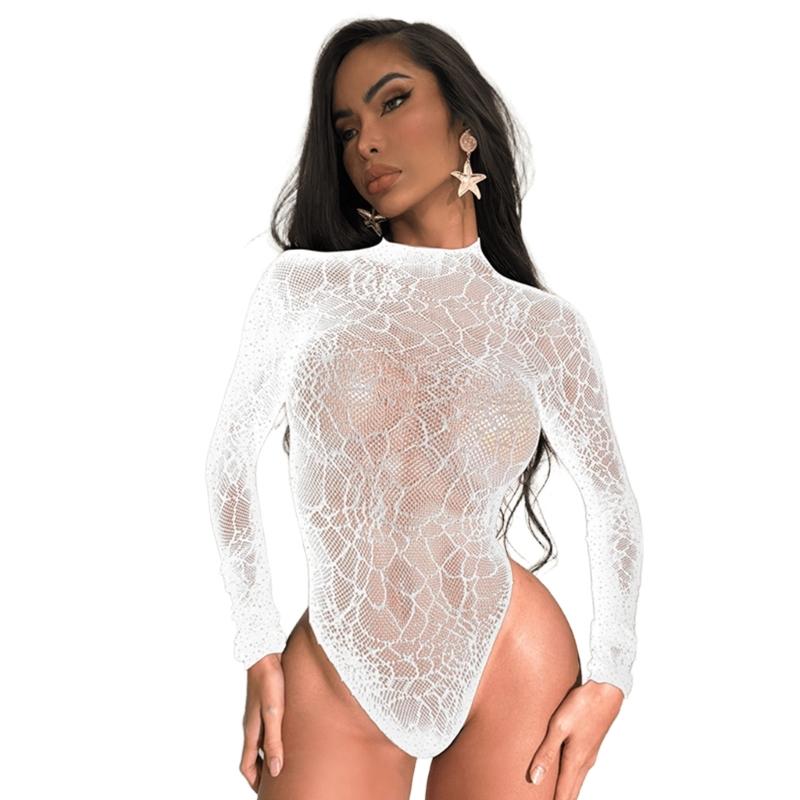 Women Sparkles Rhinestones Teddies Lingerie Long Sleeve Fishnet Bodysuit Top One Pieced Sheer Mesh Lingerie Rave Outfit