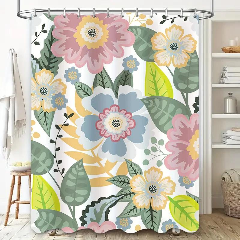 Floral Printed Shower Curtain SetPink Green Blue Yellow White Bath Towel Decorative Waterproof Window Shutter 6 Hooks for Bathro