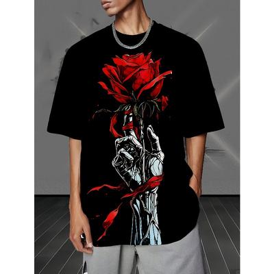 Europäische Größen Herren Gothic Stil T-Shirt mit kräftigem roten Rosen- und Skeletthände-Grafikdruck - Schwarzer Strick Rundhals Kurzarm,