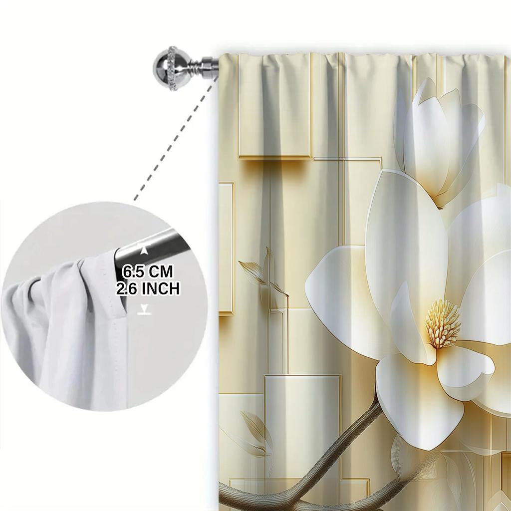 2 Stück elegante und reinweiße Vorhänge mit Magnolienblumen-Print für die Inneneinrichtung – Fensterbehandlung mit Stangentasche für Schlafzimmer, Büro