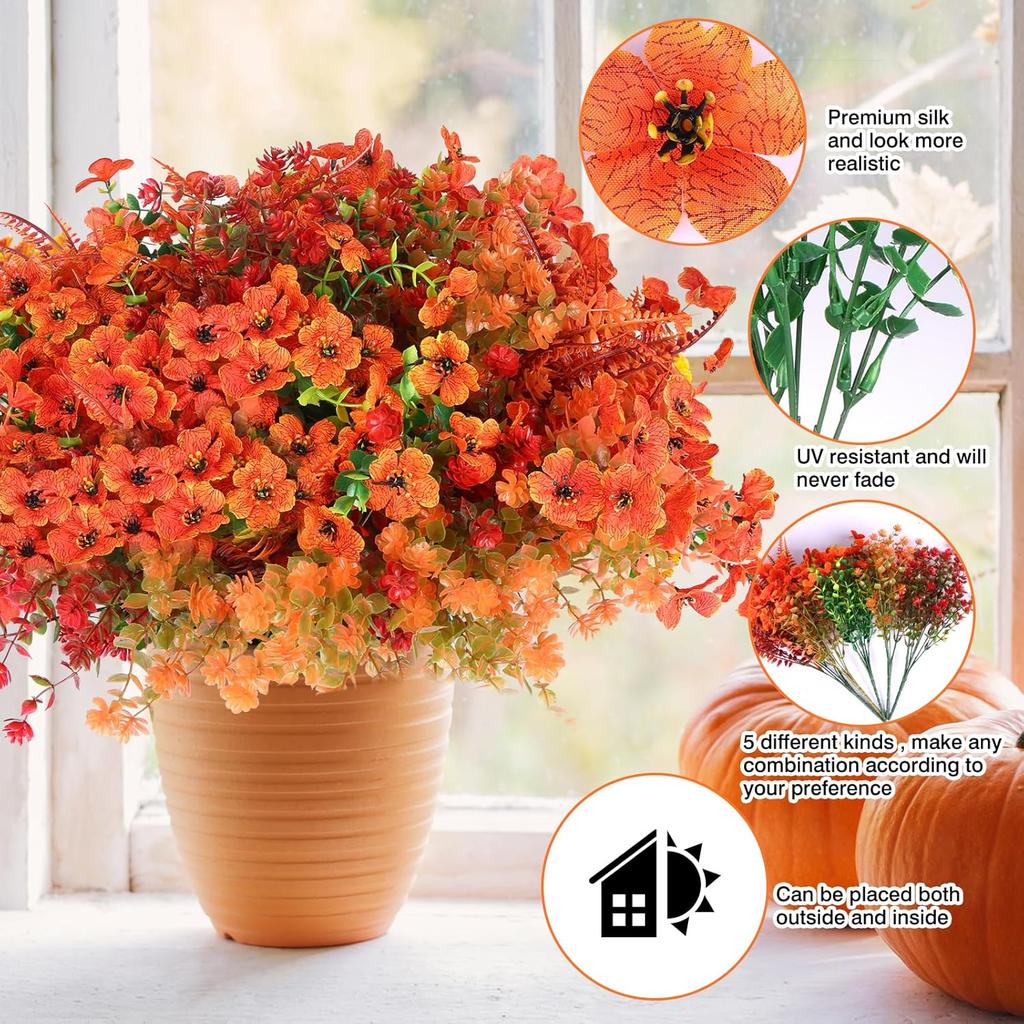 CEWOR 24 Bundles Orange Artificial Mums Flowers Fake Fall Plants for Outdoor Indoor, Fake Silk Daisy with Eucalyptus Leaves for Autumn Garden Front