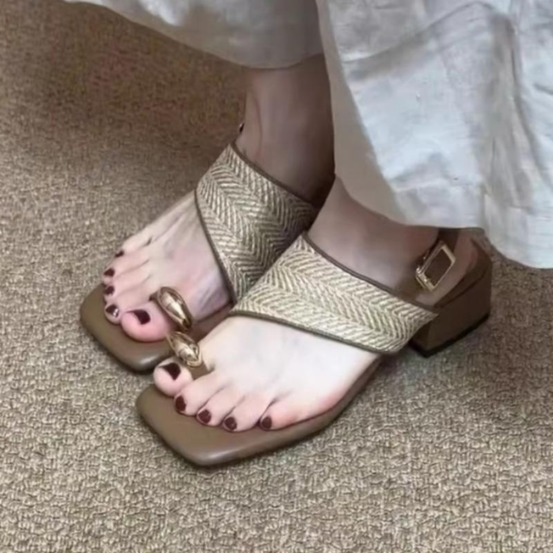 Fashion Women Heeled Sandals Clip Toe Casual Shoes Woman Square Toe Loafers 2025 Trend Summer Weave Flip Flops Soft Sole Comfort Zapatos