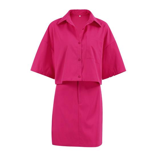 2Pcs/Set Women Shirt Skirt Set Lapel Short Sleeve Buttons Placket Shirt High Waist Short Skirt Set Solid Color Outfit