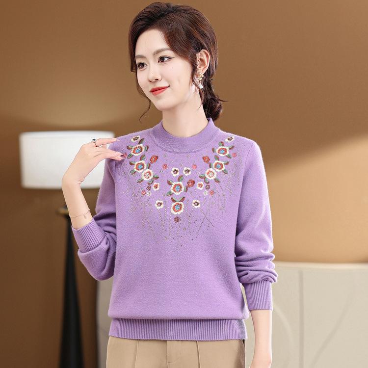 Middle-aged Mothers Autumn and Winter Base Shirt New Style Middle-aged and Elderly Women's Sweater Winter Plus Velvet Thick Knitted Top