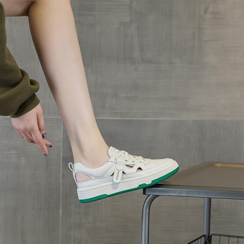 Platform Sandals Women's Summer New Leather Hollowed-out Breathable Little White Shoes Shallow Mouth Lace-up Sports and Leisure Board Shoes