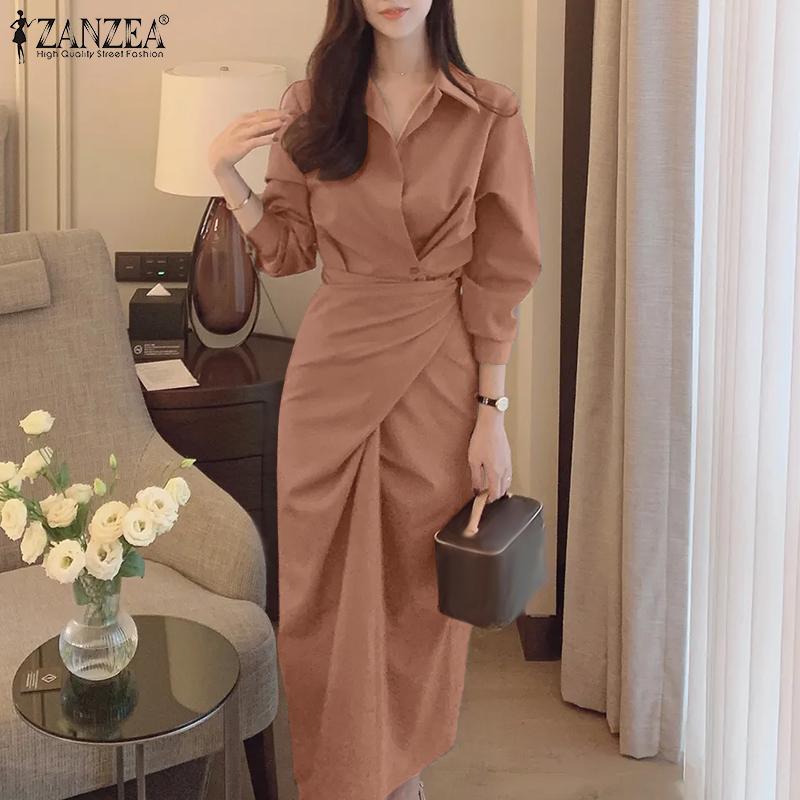 ZANZEA Women Casual Turn Down Collar Elegant Long Sleeve Long Dress