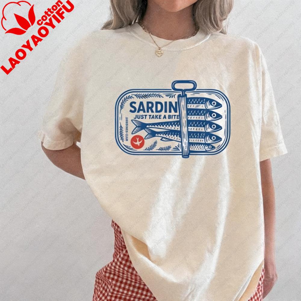 Vintage Sardines Cotton TShirt Retro Fish Tattoo Graphic Tee for Unisex Women Trendy Aesthetic Top Funny Unisex Tee Foodie Shirt
