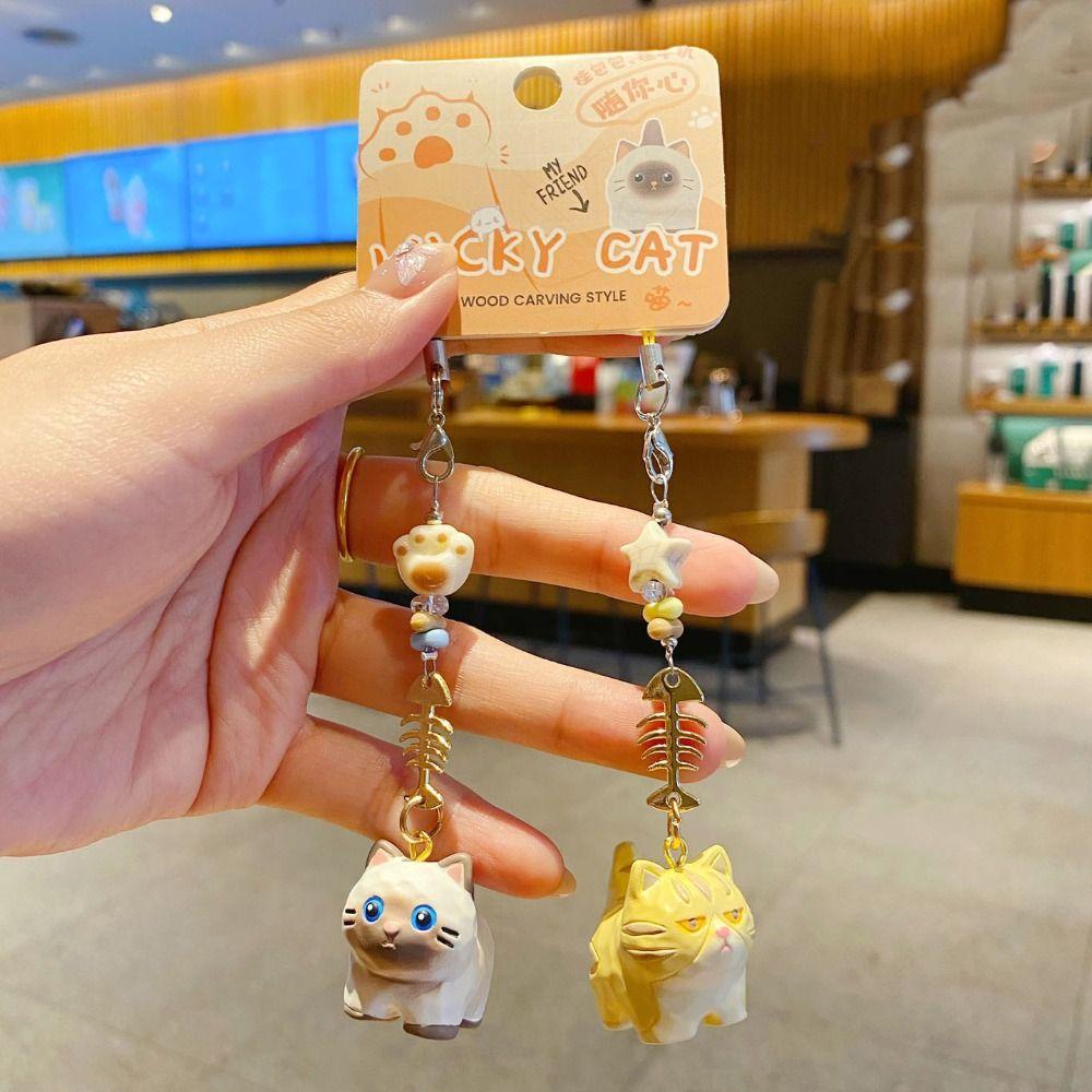 2Pcs Bag Hanging Resin Cat Pendant Cute Car Keyring Cartoon Cat Fishbone Keychain  Bag Decor
