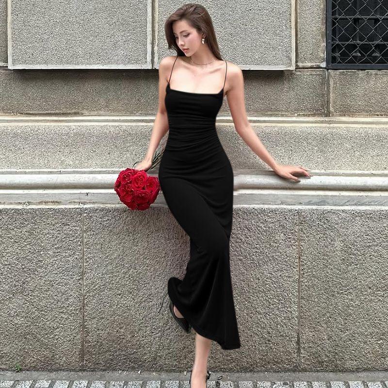Solid Advanced Dating Sling Dress 2025 Summer New Gyaru Temperament Tight Backless Cross Long dress