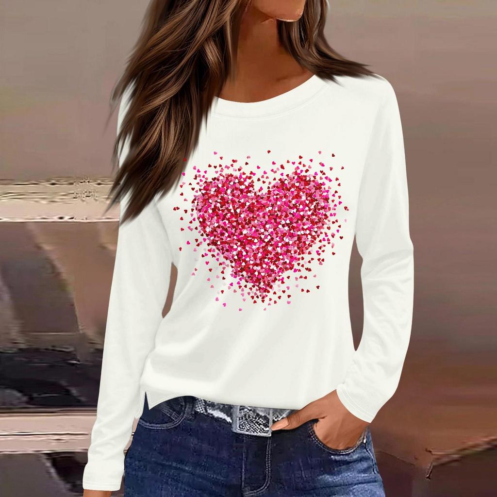 Women's Fashion Casual Slit Hem Round Neck Long Sleeve Loose Christmas Printed T-Shirt Ladies Top