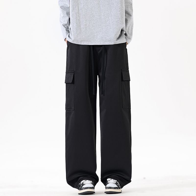 Spring New Big Pocket Tooling Casual Pants Thick Solid Color Simple Trendy Brand Loose Straight Long Pants Men