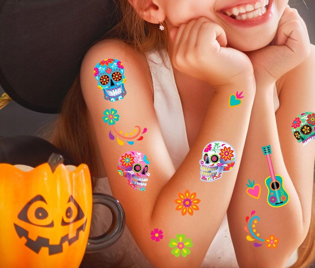 Tatuaże Zmywalne Kolorowe Czaszki Halloween Catrina Kwiaty La Muerte