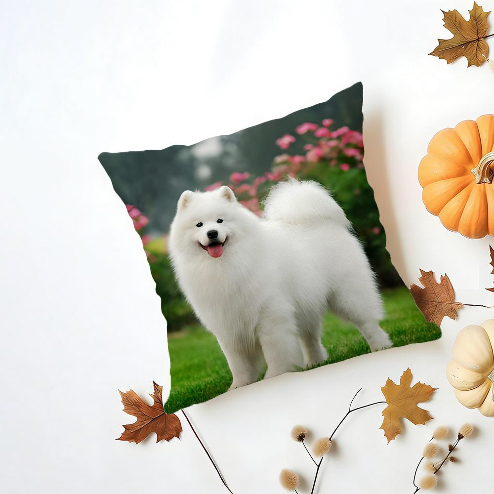 Casual Fluffy Smiling Dog Samoyed Cushion Cover Washable Linen Pillowcase Soft for Daily Sofa Bed Home Room Decor