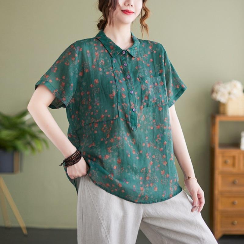 Summer Fashion Loose Floral Collar Short Sleeved Blouses Women's Cotton Shirt Top