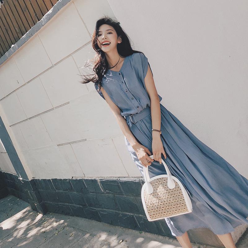 

Летнее шифоновое платье в корейском стиле 2024 года — элегантная и шикарная юбка длиной до колена в стиле феи во французском стиле для женщин L синий