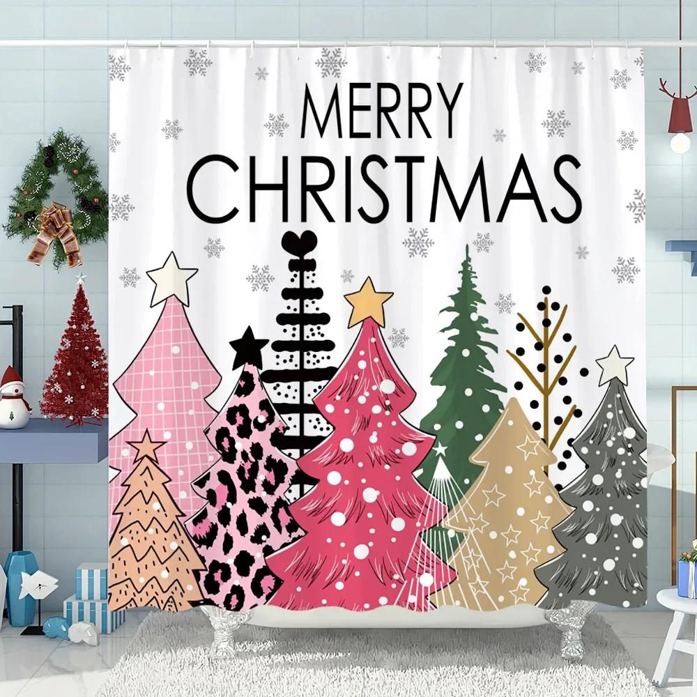 Snowman Christmas Tree Shower Curtain Merry Christmas Gift Polyester Fabric Home Shower Curtain Bathroom Decoration with Hooks