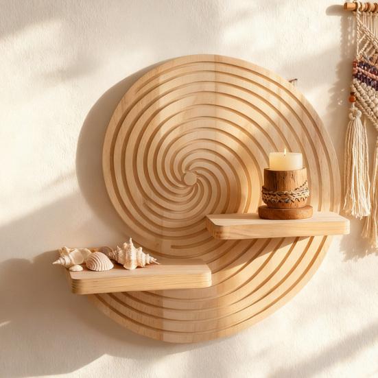 Solid Wood Shelf Coastal Wooden Wall Boho Floating Shelves with Dual Display Ledges Decorative Conch Shaped Organizer for Bedroom Bathroom Living Room