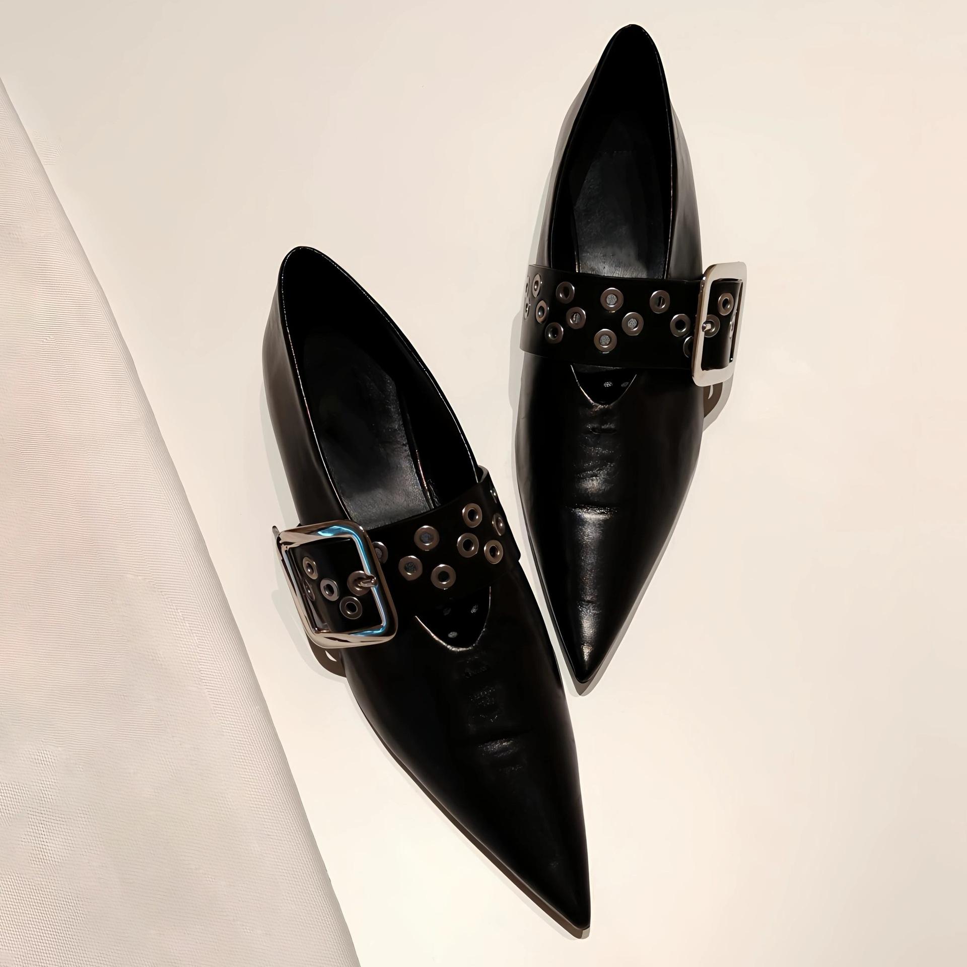 

Cowhide version~ French niche pointed head shallow mouth flat bottom belt buckle one word belt Mary Jane single shoes small leather shoes women s shoe 40 чёрный