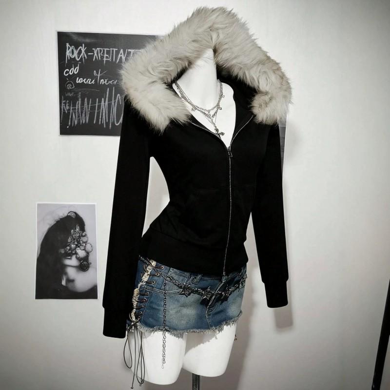 Übergroßer Kapuzenpullover mit Reißverschluss Damen Y2K Streetwear Pullover Einfarbige Lockere Passform Langarmjacke