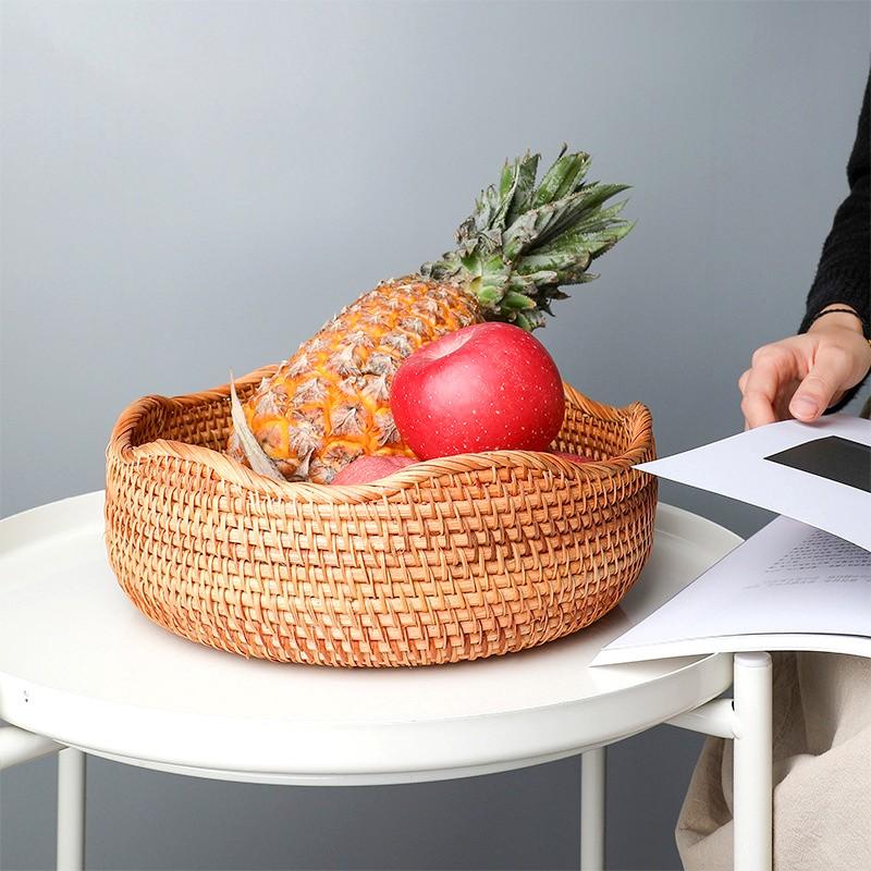 Handwoven Storage Basket Rattan Storage Tray Bread Fruit Breakfast Tea Picnic Cake Snacks Basket Rattan Kitchen Storage Basket