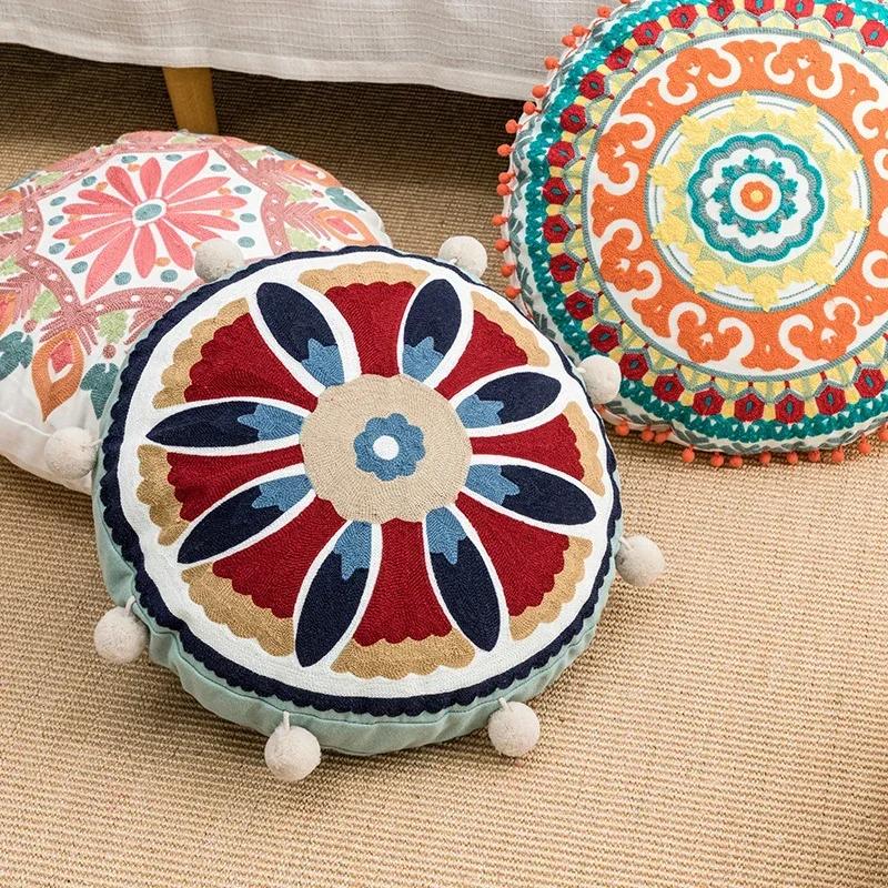 Moroccan Ethnic Round Cushion Cover Mandala Floral Embroidery Home Decor Living Room Throw Pillow Case Ball Indian Decorative