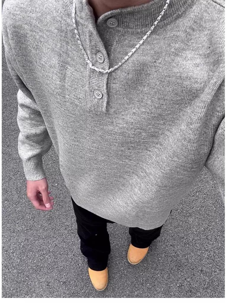 Men's High-End Retro Henley Collar Long Sleeve Knit Sweater for Autumn and Winter