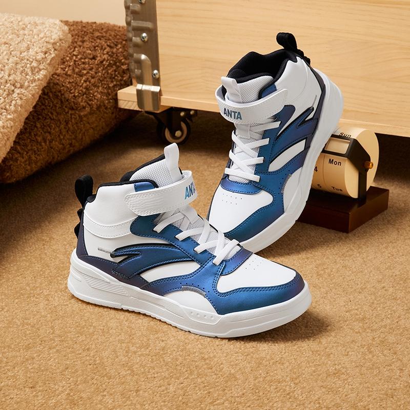 Anta Kids Synthetic Leather Fashion Versatile Shock Absorbing Lightweight High-Top Sneakers Kids Sneakers White Blue A12438002-4
