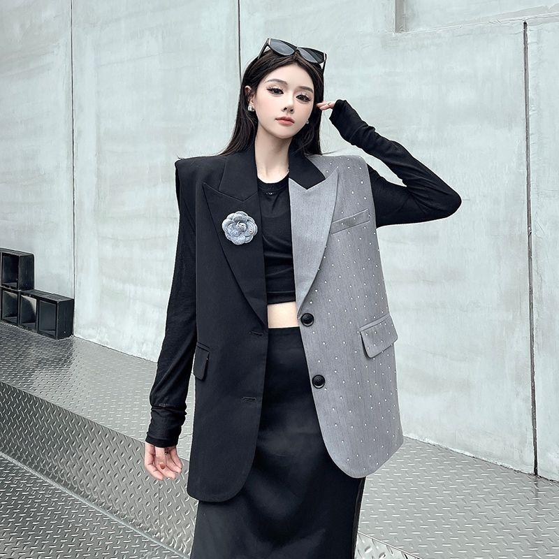 Strass Farbblock Locker Ärmelloser Blazer Weste Sommer Damen Nische Luxus Design Layering Oberbekleidung Weste