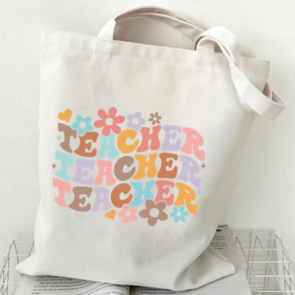 Teacher's Day Gift Teacher Print Canvas Tote Bag Women Handbag Colored Letters Teacher Canvas Tote Bag Floral Shoulder Bag
