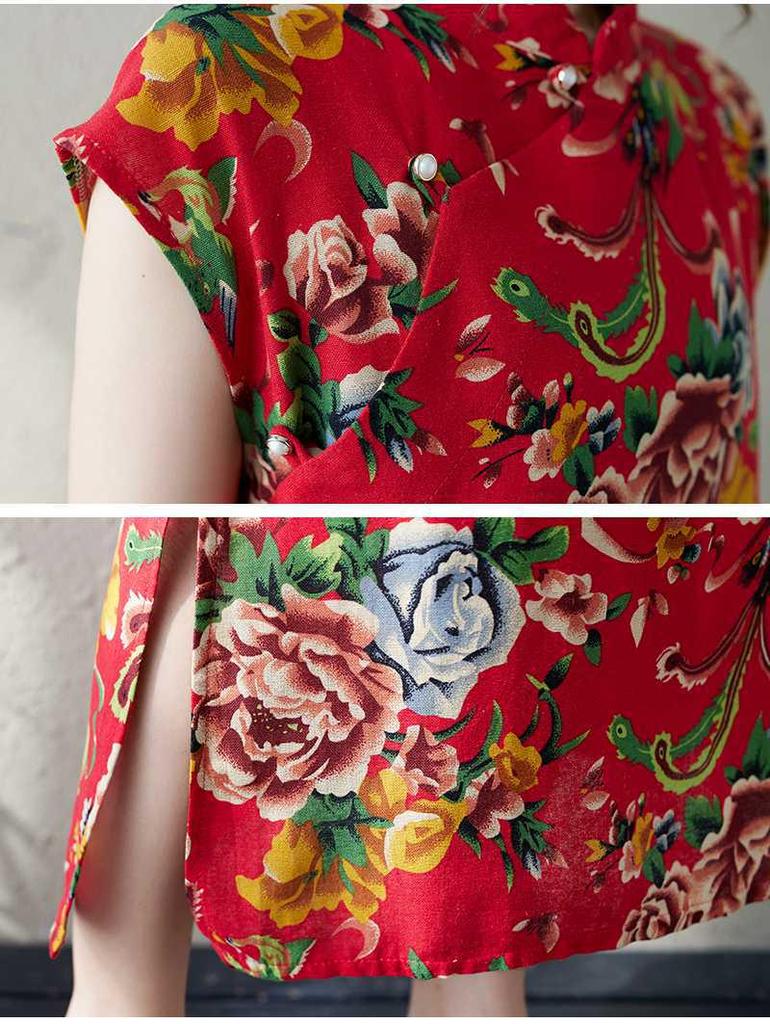 2024 Summer Retro Floral Cotton-Linen Cheongsam with Side Slit and Stand-Up Collar