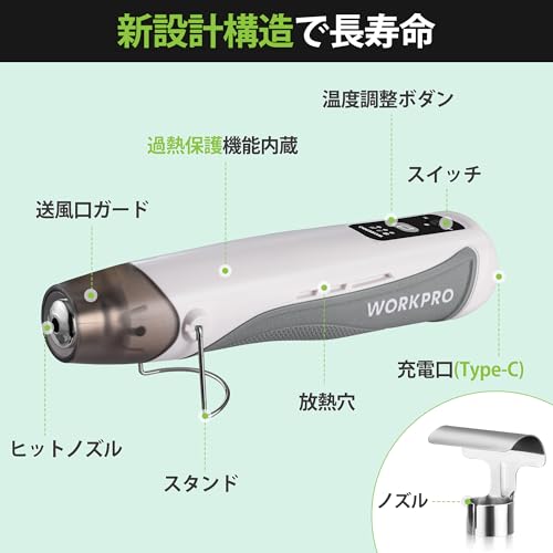 WORKPRO Akku-Heißluftpistole, 7,2V, Kompakte Mini-Heißluftpistole, USB-aufladbar, 150℃-390℃ Schnelles Aufheizen, 2-stufige Heizung, Ladeanzeige, Überlastschutz