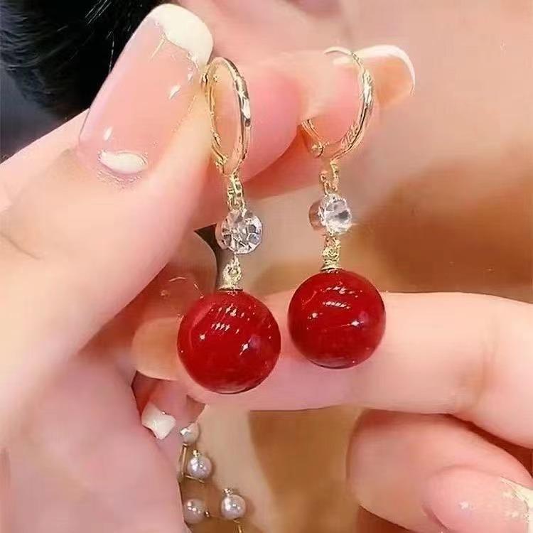 Elegant 2024 Red Bean Pearl Earrings for Women - Trendy, Luxurious Studs
