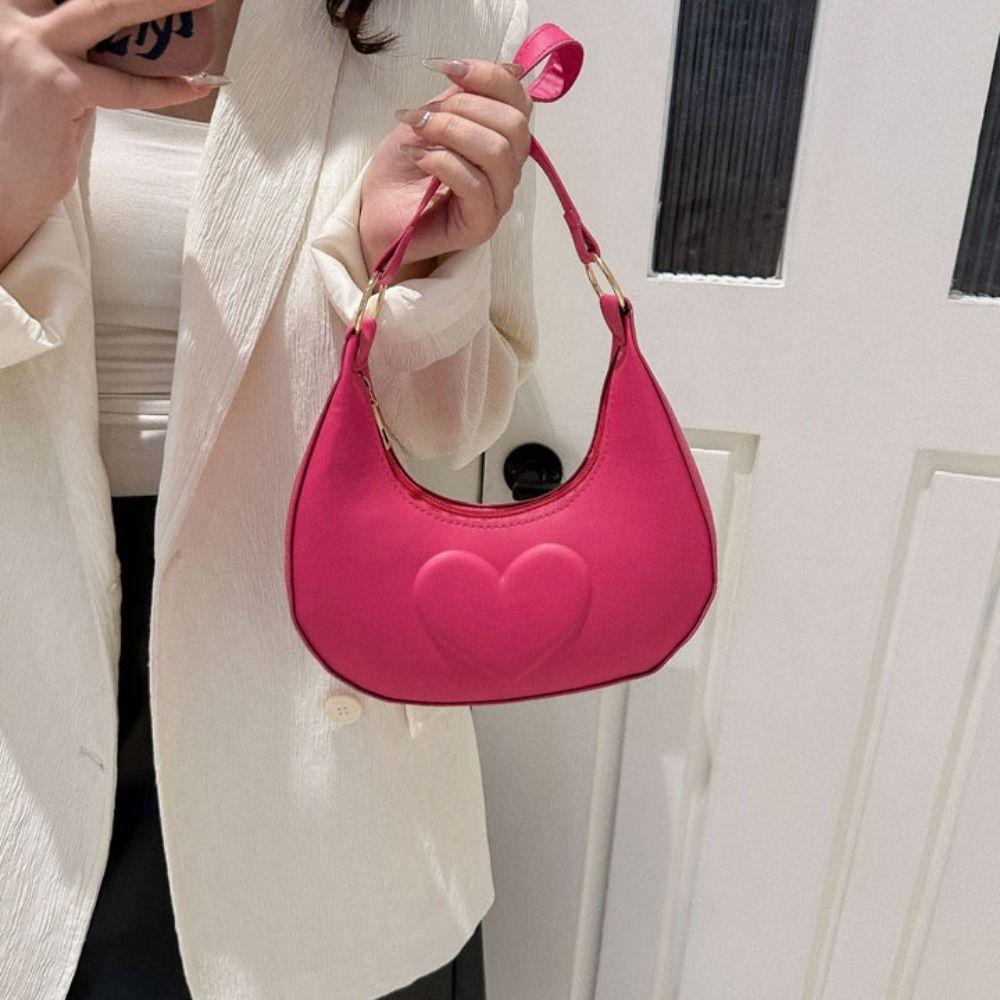 Solid Color PU Leather Shoulder Bag Love Heart Hobo Bag Portable Crescent Moon Underarm Bag  Girls
