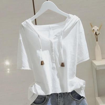 2025 Spring & Summer Women's Cotton Hooded Short-Sleeve T-Shirt: Loose Fit, Slim, All-Match Korean Style Pullover