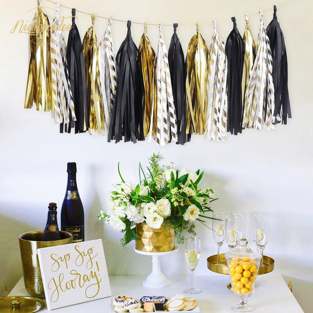 NICROLANDEE Black Gold Graduation Party Decorations, 15PCS Black Gold Tissue Paper Tassel Garland for Birthday, Wedding, Bridal Shower, Bachelorette