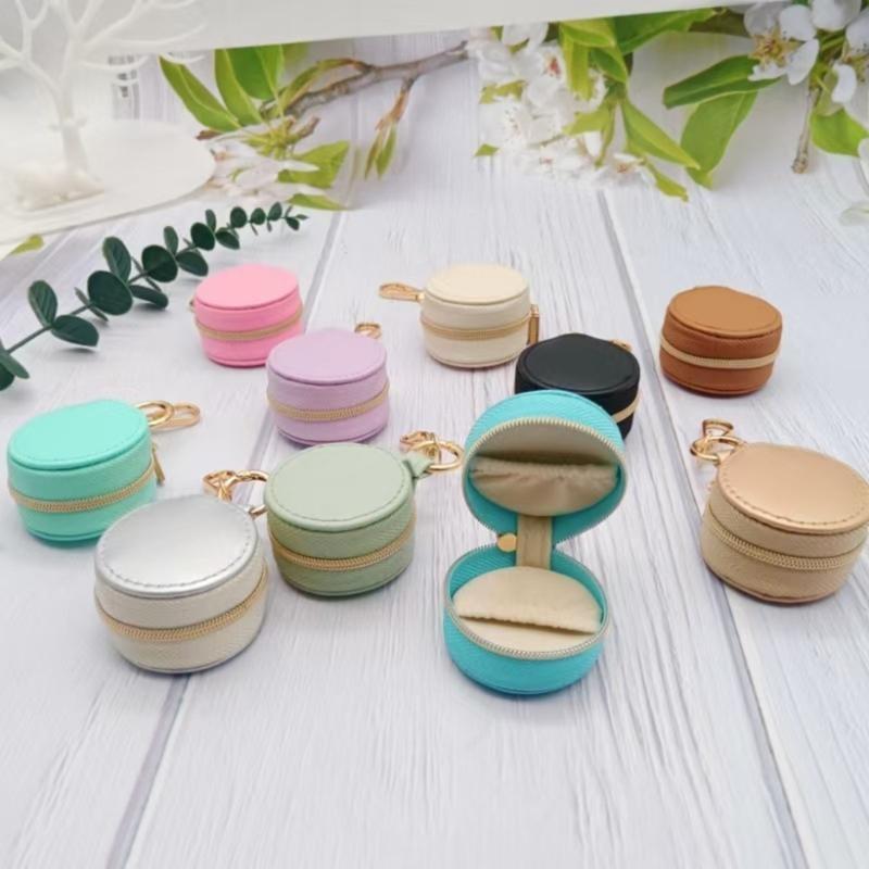 Simple Portable Mini Leather PU Jewelry Box Keychain Travel Bag Charm Pendant Earring Ring Storage Box Key Chain Accessories