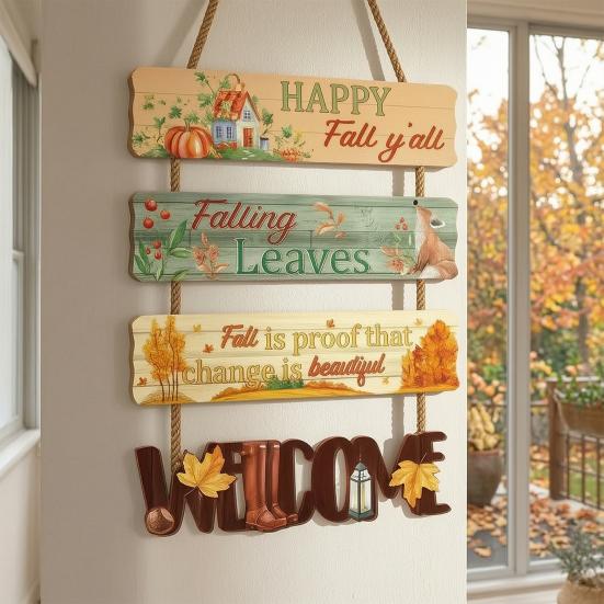 Rustic Pumpkin Door Sign Set, Wooden Scarecrow Wall Hanging Decor with Sunflower and Maple Leaf, Vintage Fall Harvest Welcome Plaque