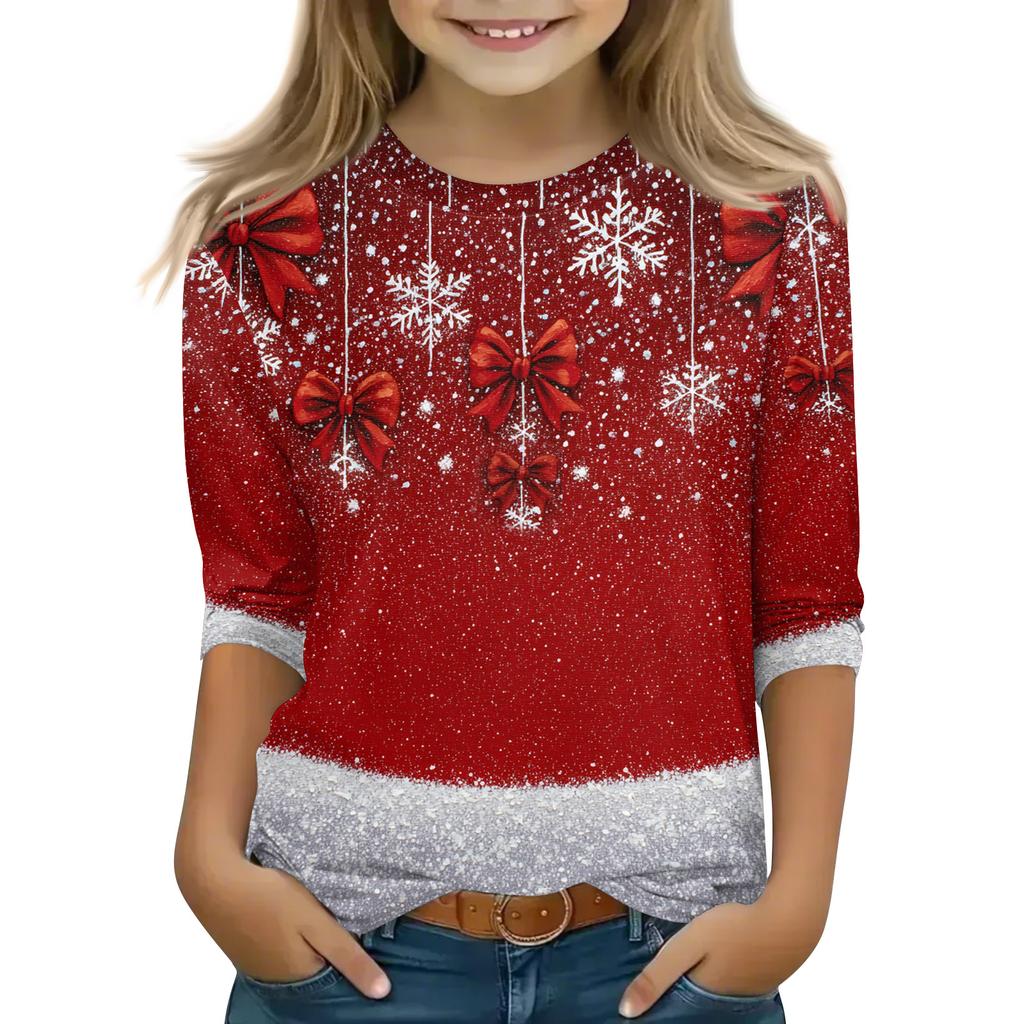 Christmas Day Print Tops For Youth Girls 4-11 Years Round Neck 3/4 Sleeves T-Shirts Trendy Tops Outfit Tees