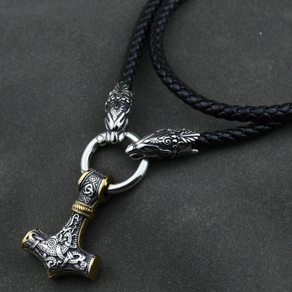 Men stainless steel Wolf head Norse Viking amulet Thor hammer pendant necklace with leather chain